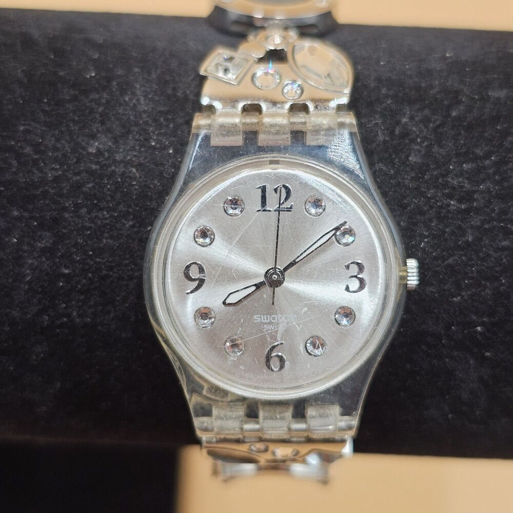 Swatch Womens Watch Clear Case Silver Dial Link Bracelet Crystals New Battery